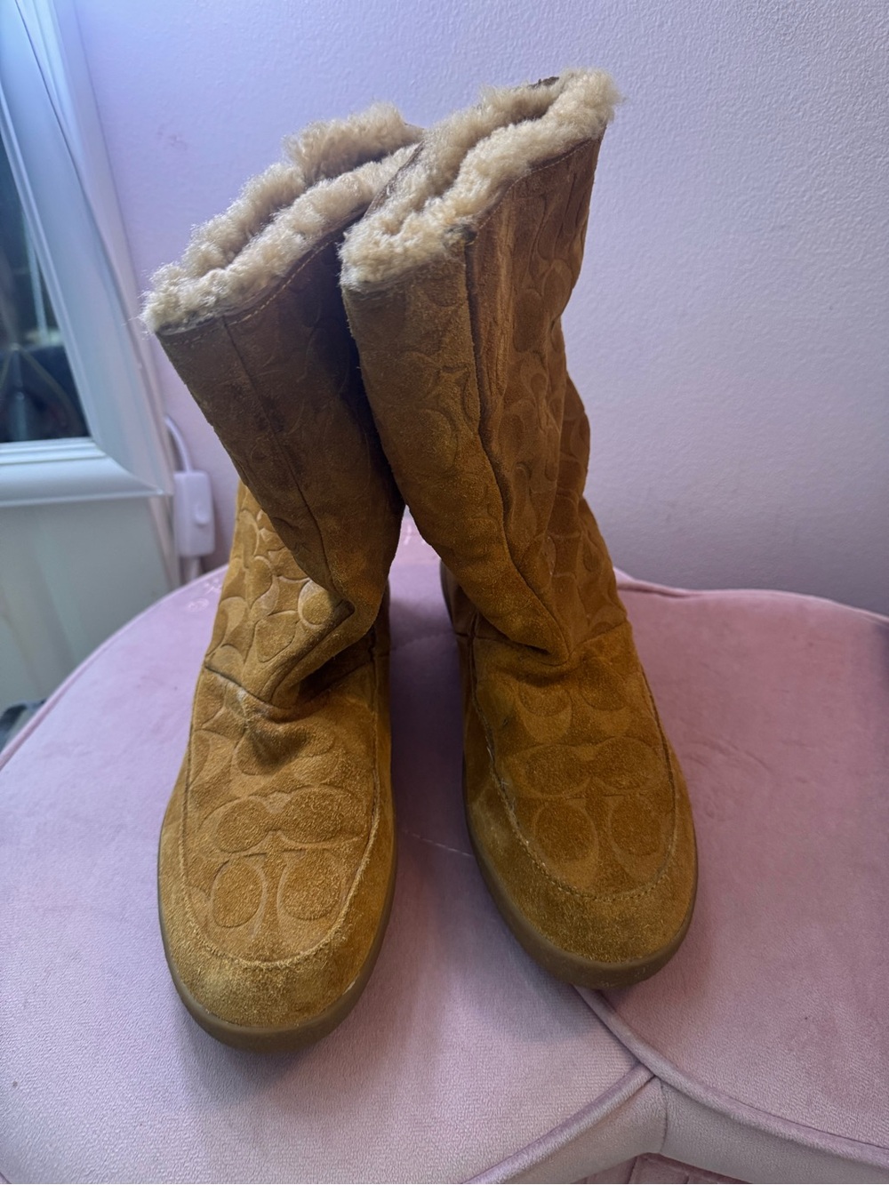 Coach Suede Mid-Calf Shearling Boots in Chestnut Brown